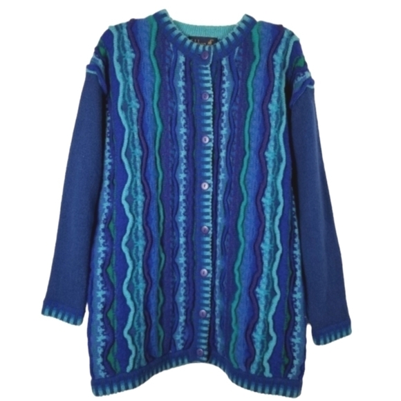 Tulchan Men's Coogi Style Vintage Wool Cardigan Sweater 3D Blue Green Size S/M - Picture 1 of 14